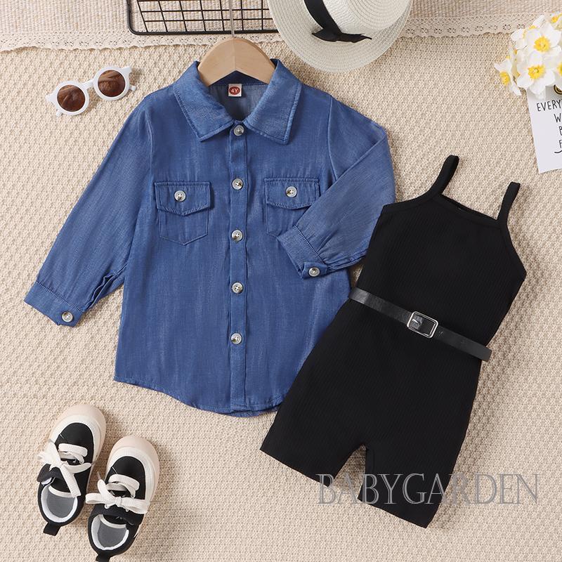 Set Đồ 2 Món Gồm Áo Liền Quần + Áo Sơ Mi Đan Len Không Tay Màu Trơn Kèm Thắt Lưng Dành Cho Bé Gái / 4-7 Tuổi