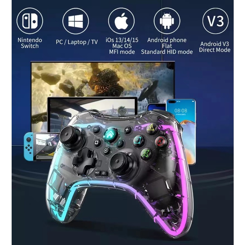 Tay Cầm Chơi Game Không Dây LED RGB Trong Suốt Bluetooth 2.4G Dành Cho Máy Tính/Laptop/Điện Thoại