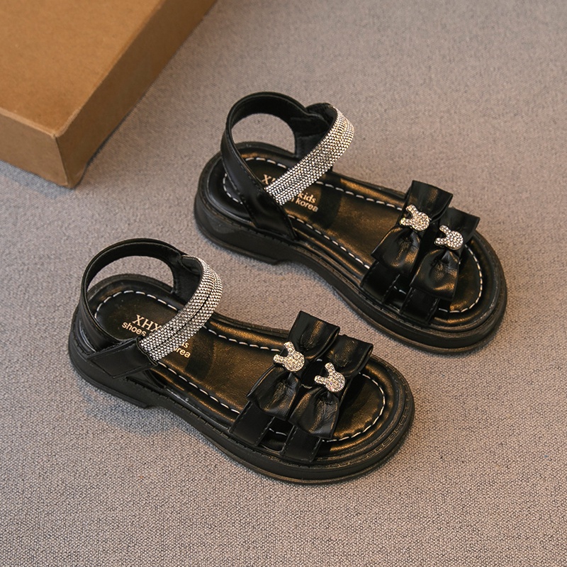 Dép sandal quai hậu cho bé gái sz 23-37, Xăng đan bé gái đính 2 nơ kèm tag gấu,hai quai dán đính đá lấp lánh [kieusashop