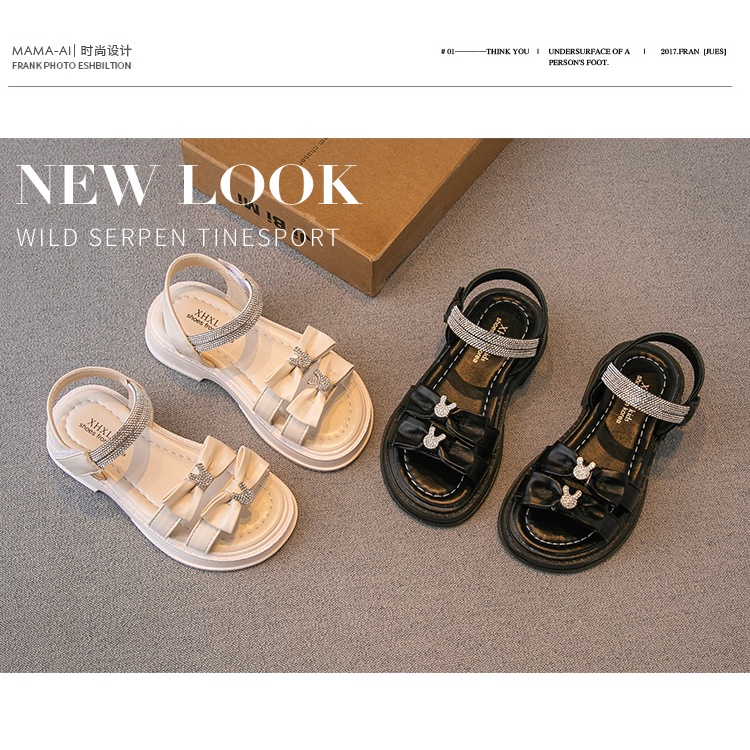 Dép sandal quai hậu cho bé gái sz 23-37, Xăng đan bé gái đính 2 nơ kèm tag gấu,hai quai dán đính đá lấp lánh [kieusashop