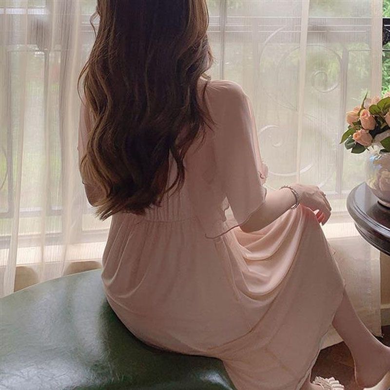 Đầm Ngủ Tay Ngắn Phối Ren Có Mút Đệm Ngực Phong Cách Công Chúa Dễ Thương Thời Trang Mùa Hè Cho Nữ