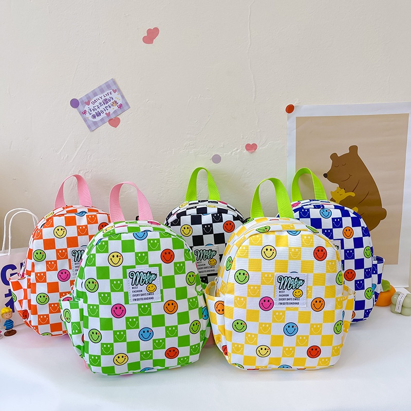 Ba Lô Đi Học Vải canvas In Họa Tiết Caro / Mặt Cười Thời Trang Cho Bé