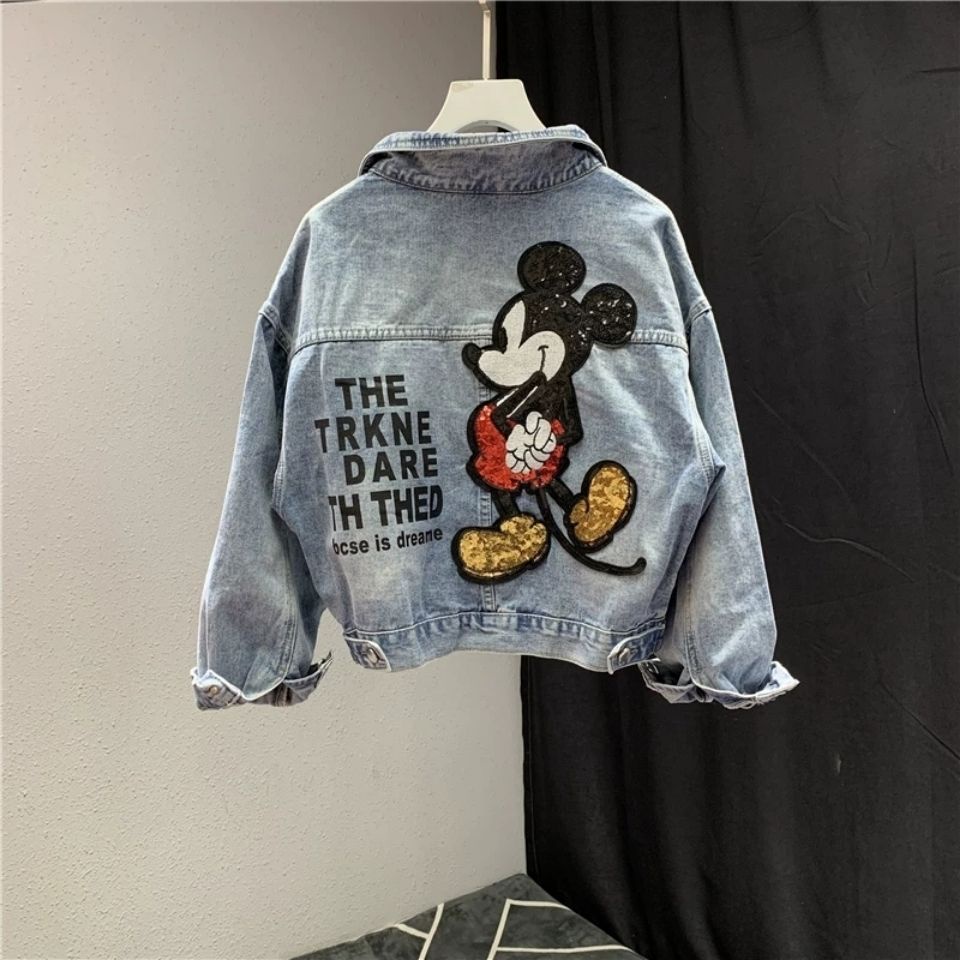 Áo Khoác Denim Thêu Họa Tiết Hoạt Hình Mickey Phong Cách Châu Âu Thời Trang Mùa Xuân 2021