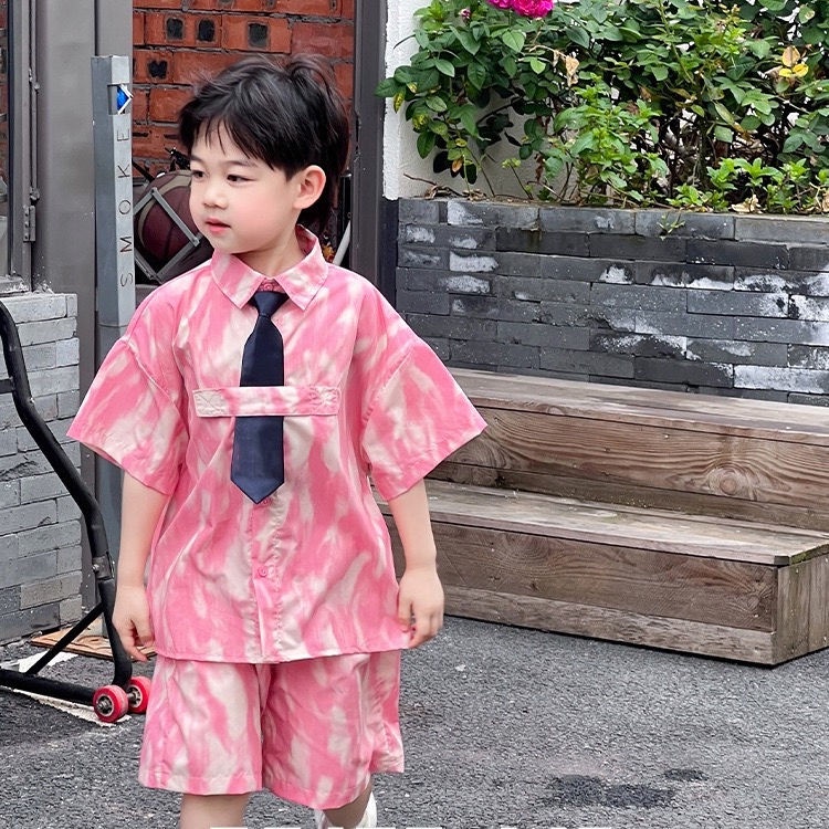 Bộ Áo Sơ Mi Ngắn Tay + Quần Short Nhuộm Màu Thời Trang Mùa Hè Mới 2023 Cho Bé Trai
