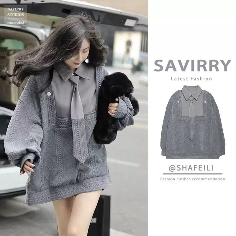 Áo sweater giả hai lớp tay phồng thời trang nữ mùa xuân