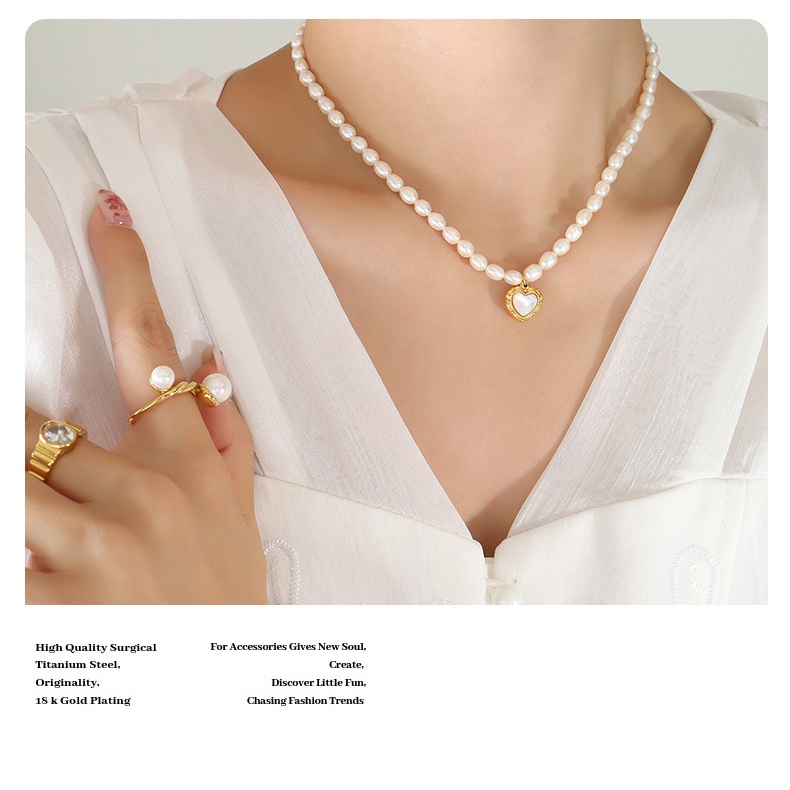 Vòng cổ Bằng Thép Titan Mạ Vàng 18K Đính Hạt Ngọc Trai Và Vỏ Sò Trắng Hình Trái Tim Đơn Giản Dành Cho Nữ