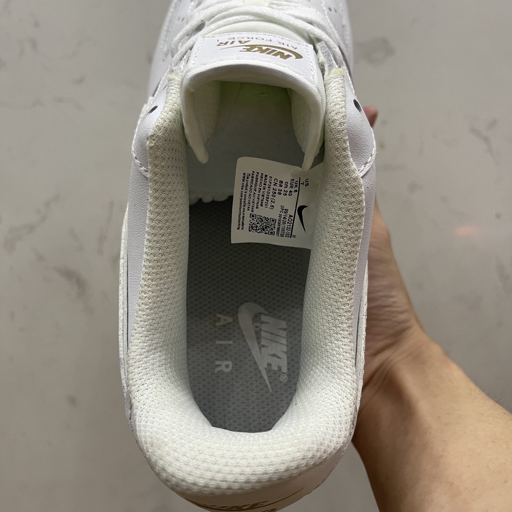 Giày AF1 07 Essential in White and Metallic Gold, AF1 Trắng Móc Vàng - Than.Shoes