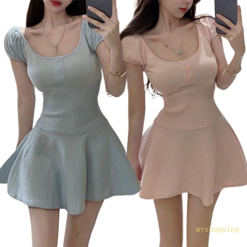 Đầm Mini Cổ Vuông Dáng Chữ A Màu Trơn Tay Phồng Thời Trang Mùa Hè Cho Nữ