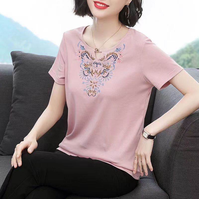 Áo Thun Nữ Ngắn Tay Cổ Chữ V Thêu Hoa Thời Trang