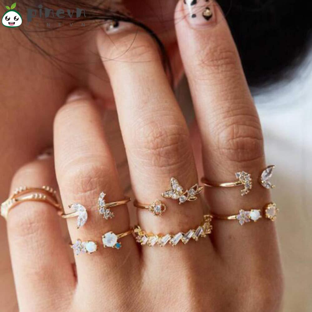 PINEVN Set 7 Nhẫn Hở Hình Bướm Đính Đá Phong Cách Vintage