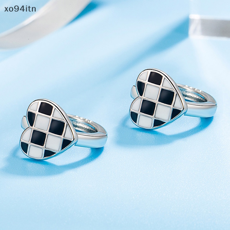 1 Đôi Bông Tai Bạc Hình Trái Tim Họa Tiết Sọc Caro Trắng Đen Sáng Tạo Dành Cho Nữ