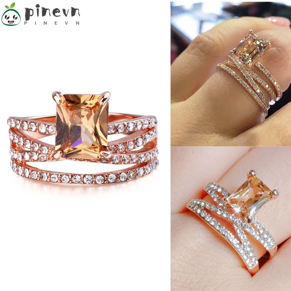 PINEVN Bộ 2 Nhẫn Vuông Xếp Chồng Lên Nhau Thời Trang