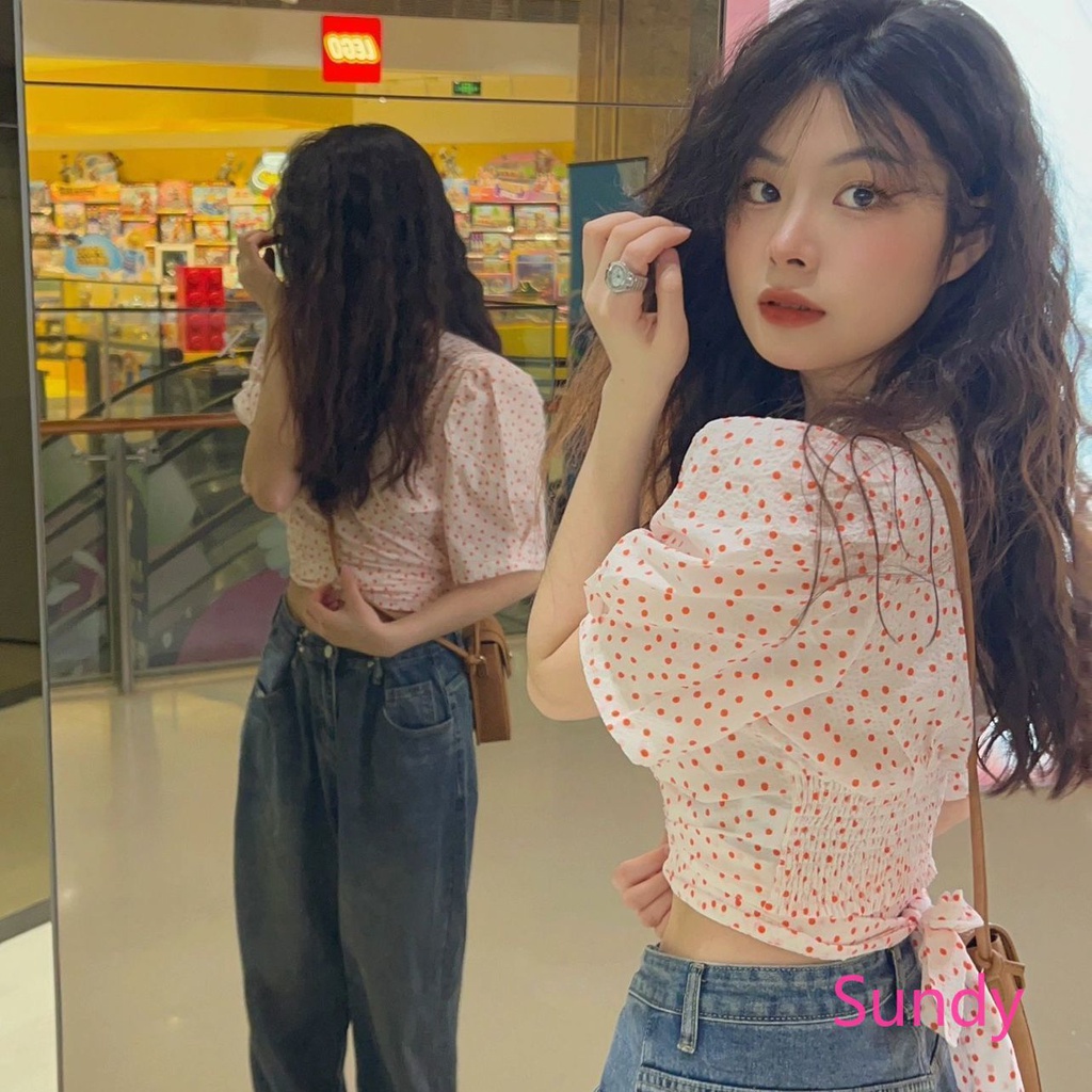 Áo Kiểu Tay Phồng Cổ Chữ V Họa Tiết Chấm Bi Thời Trang Mùa Hè Cho Nữ