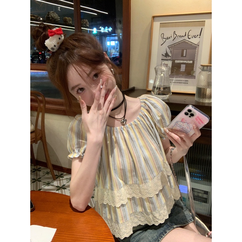 Áo Sơ Mi Nữ Ngắn Tay Cổ Tròn Sọc Dọc Rộng Mới