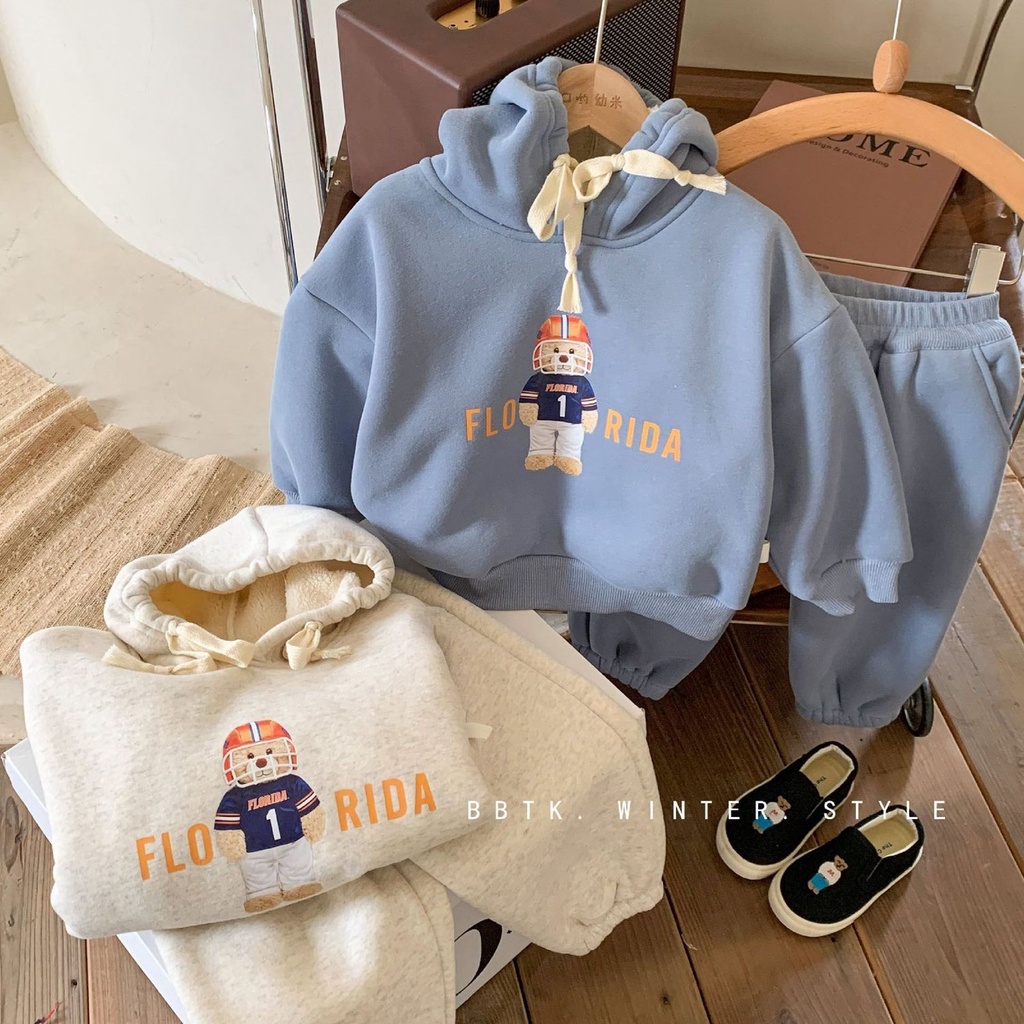 Áo Hoodie Lót Lông Cừu Dày Một Mảnh In Hình Gấu Phong Cách Mới Mùa Thu Đông Dành Cho Bé Trai Bé Gái