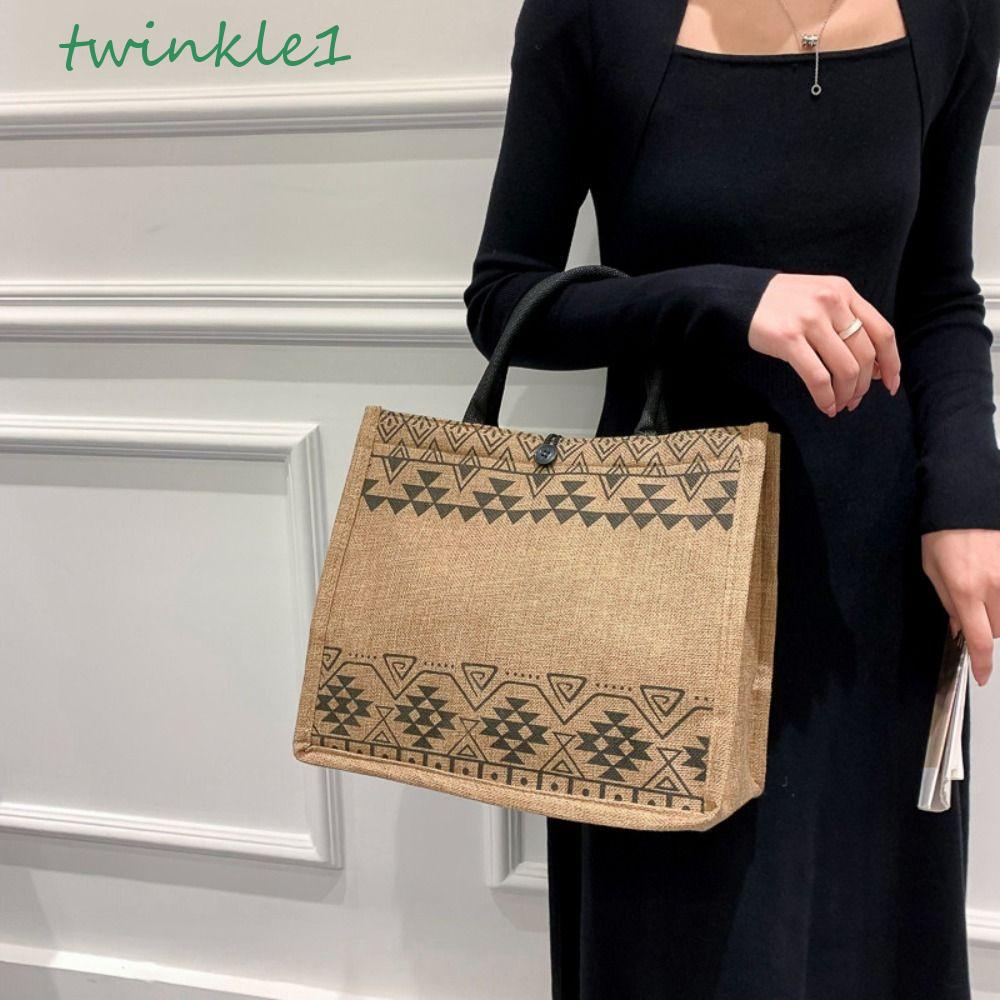 TWINKLE Túi Xách Vải Lanh Cỡ Lớn Họa Tiết Hình Học Đơn Giản Phong Cách Bohemian Hàn Quốc