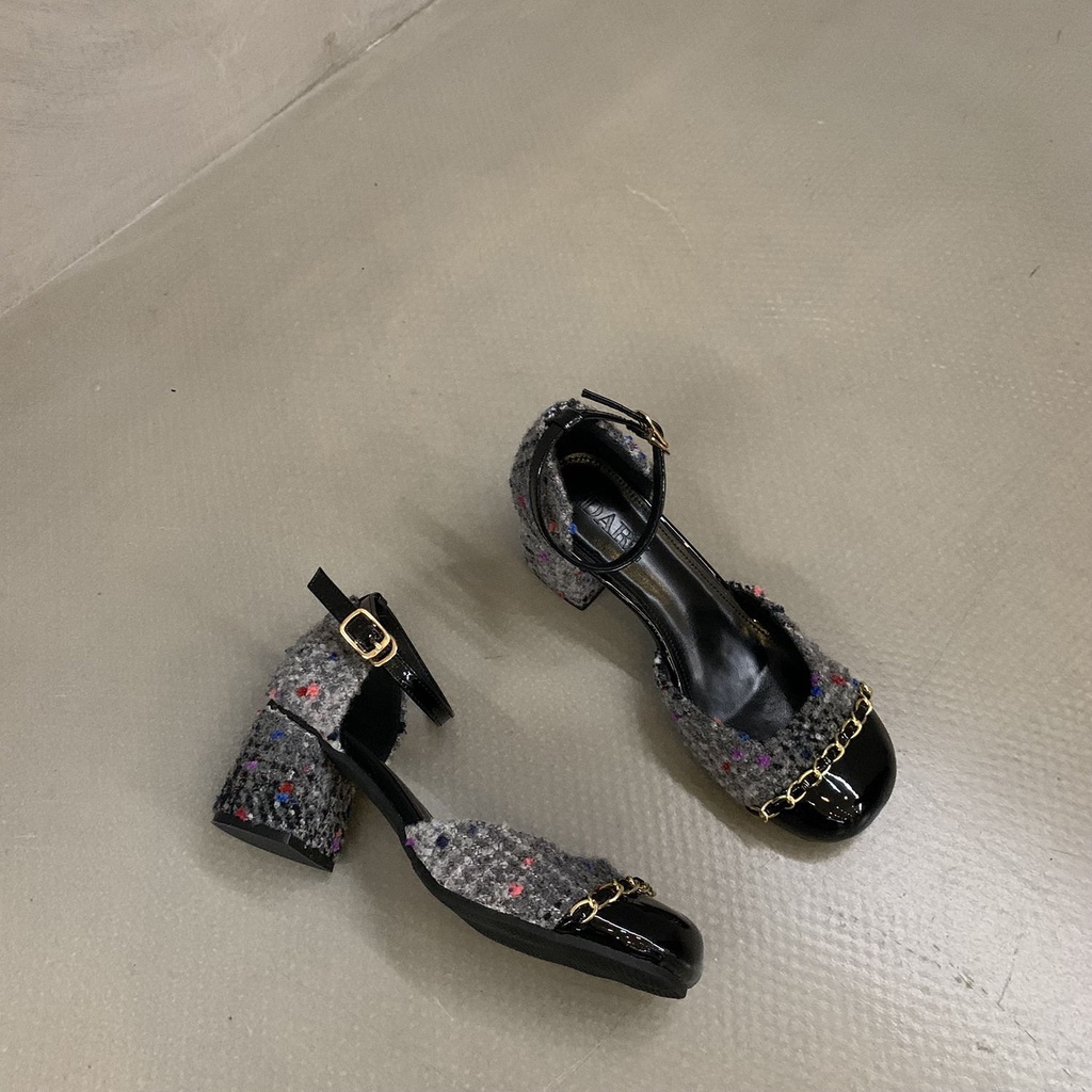 Giày Sandal Cao Gót Vải Len Đế Thô Cài Khóa Thời Trang 2023 Dành Cho Nữ