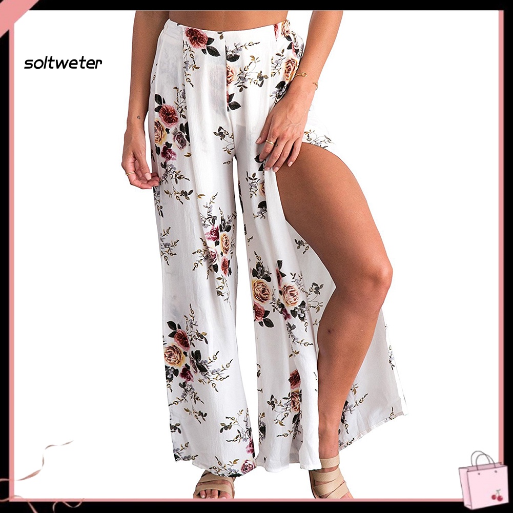 Quần Culottes Lưng Cao Ống Rộng Xẻ Tà In Họa Tiết Hoa Phong Cách Boho Thời Trang Đi Biển