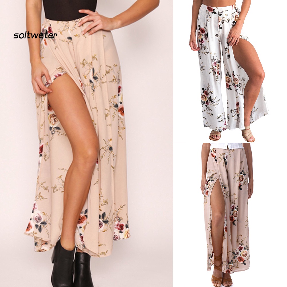 Quần Culottes Lưng Cao Ống Rộng Xẻ Tà In Họa Tiết Hoa Phong Cách Boho Thời Trang Đi Biển