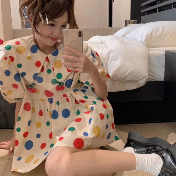 Áo Kiểu Tay Phồng Cổ Búp Bê Họa Tiết Chấm Bi Nhiều Màu Sắc Ngọt Ngào Thời Trang Mùa Hè Mới Cho