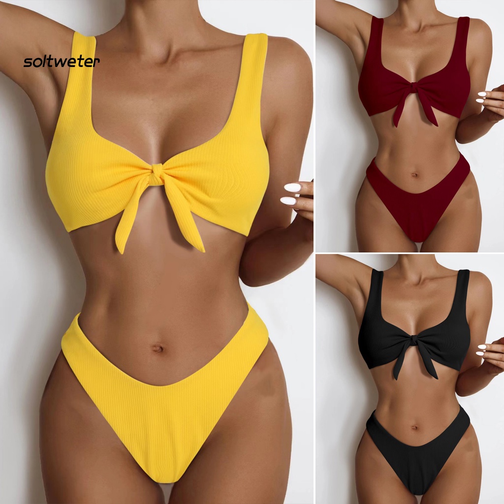 Bộ Đồ Bơi Tam Giác Lưng Cao Màu Sắc Trơn Thắt Nút Phía Trước Quyến Rũ Cho Nữ