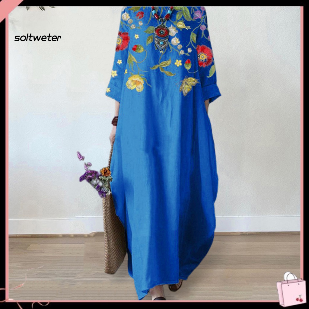 Đầm Maxi Cổ Tròn 3 / 4 Dáng Rộng In Họa Tiết Hoa Lá Thời Trang Xuân Thu Xinh Xắn Cho Nữ