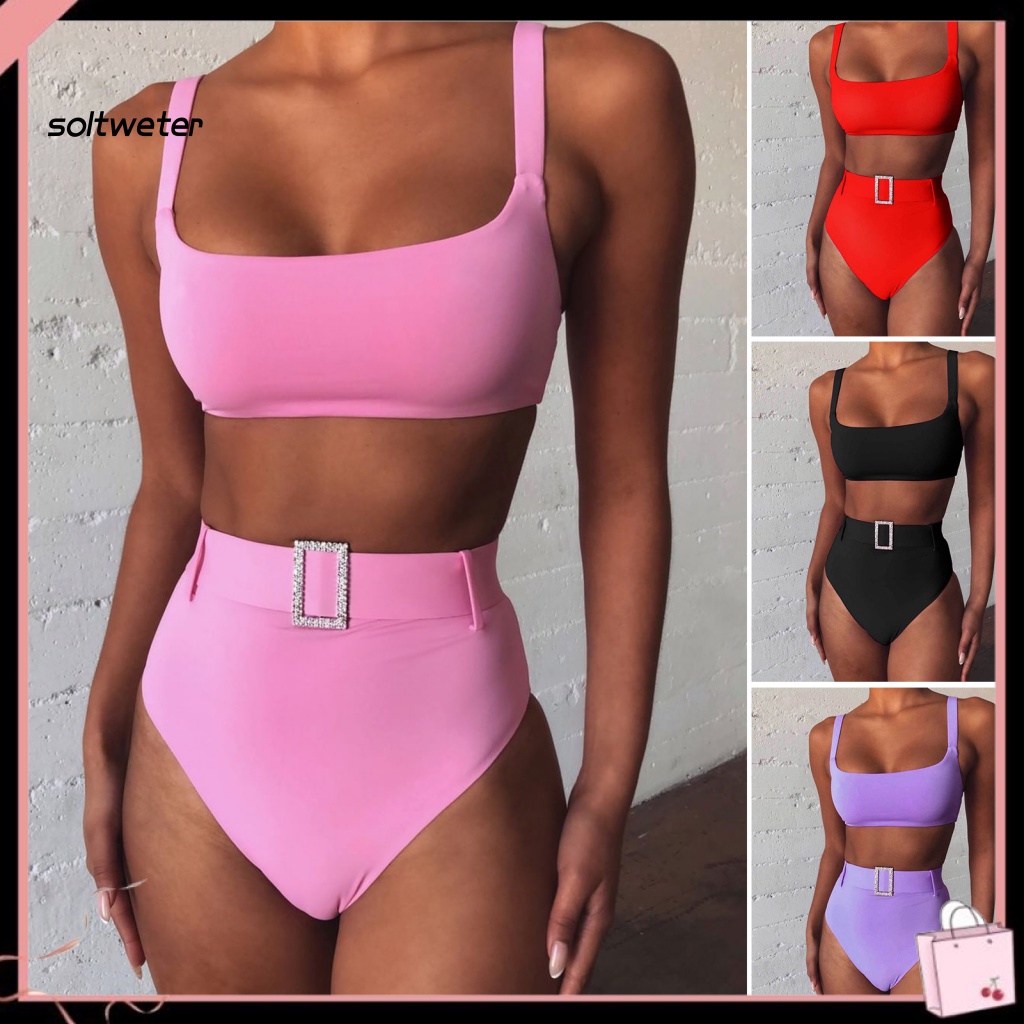 Bộ Đồ Bơi 2 Mảnh Không Tay Lưng Cao Màu Sắc Đơn Giản Cho Nữ