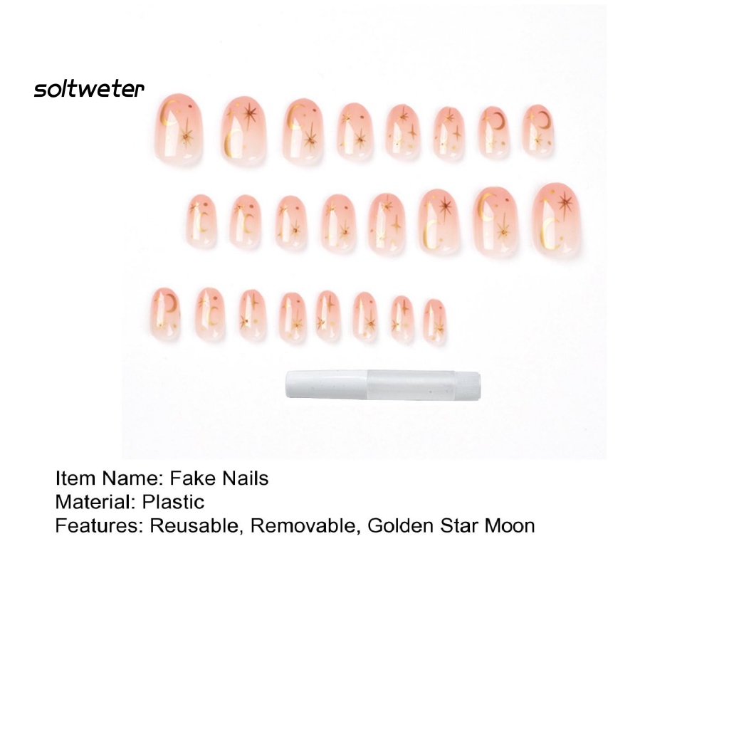Bộ 24 Móng Tay Giả Ngắn Che Phủ Toàn Diện Dạng Nhấn Hình Ngôi Sao / Mặt Trăng Màu Vàng Bóng Bẩy Cho Nữ DIY