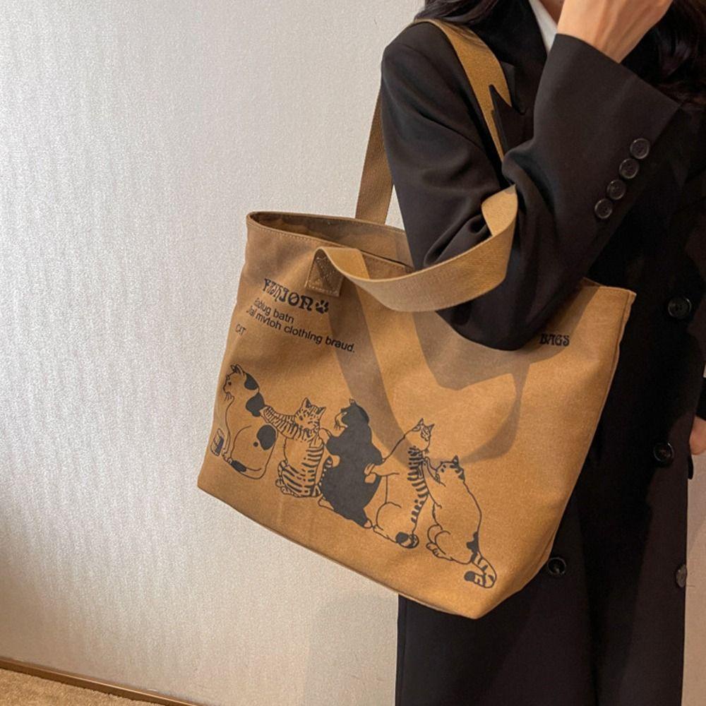 LOMBARD Túi Tote Vải Canvas In Hình Mèo Và Chữ Thanh Lịch Dễ Phối Đồ Thời Trang Đường Phố