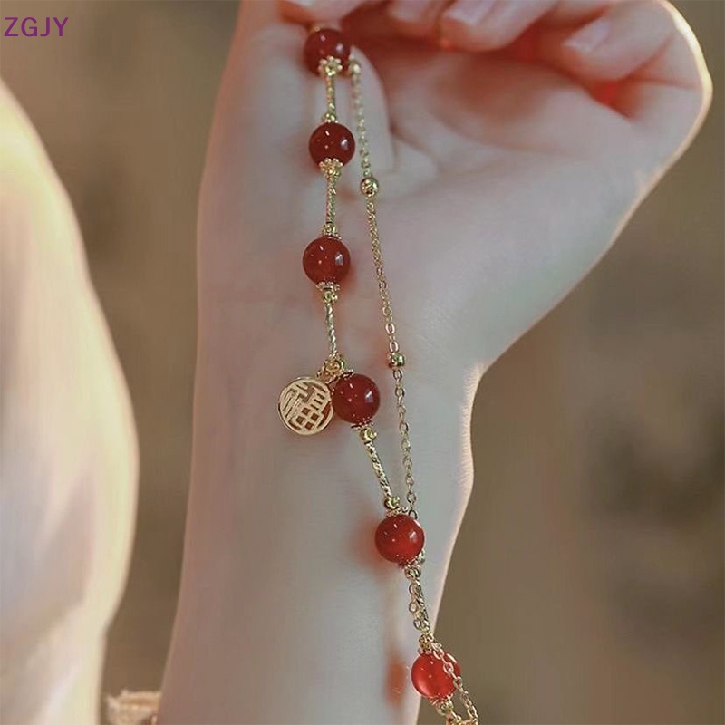 Vòng Tay Hai Lớp Xỏ Hạt Màu Đỏ Nhạt In Chữ Fu Thời Trang Cho Nữ Mới