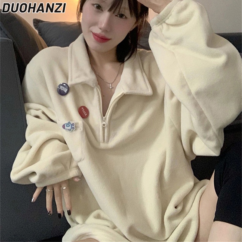 DUOHANZI  Áo Sweater Lông Cừu Mỏng Cổ POLO Cắt Vai Dáng Rộng Đa Năng Cho Nữ