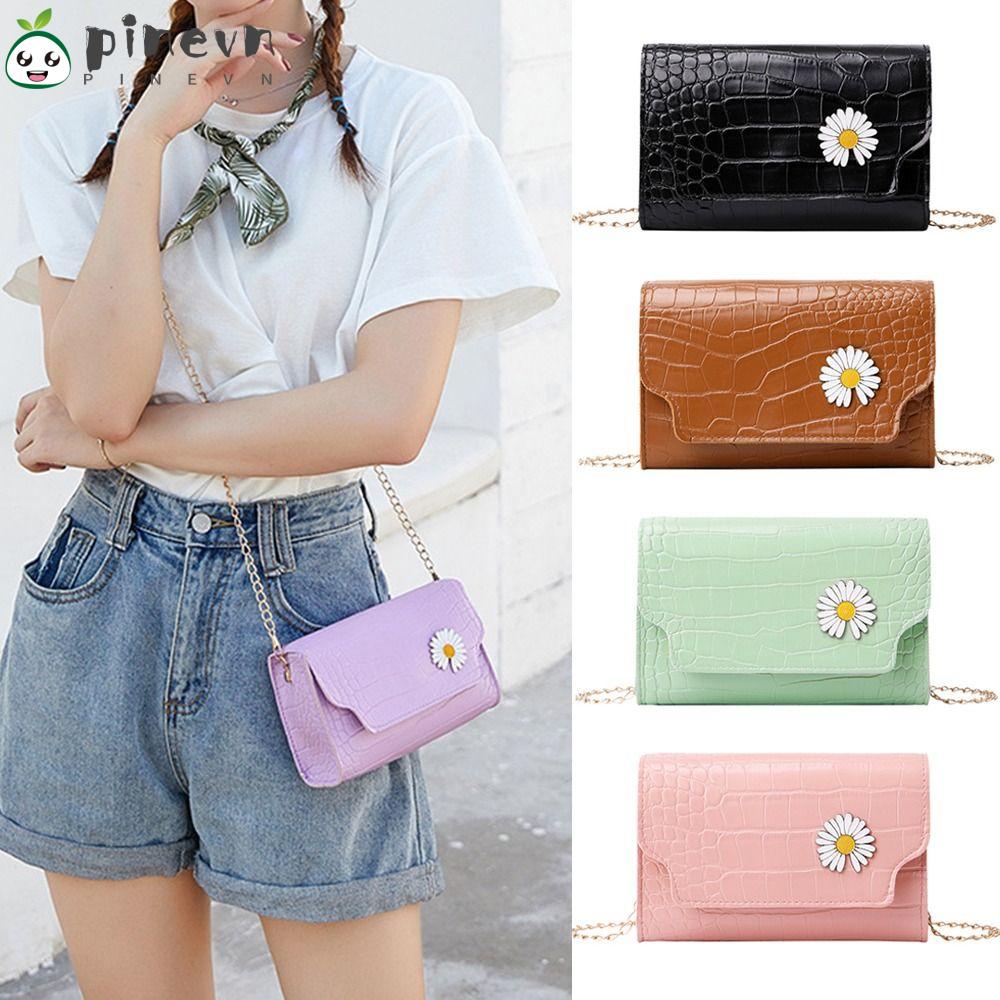 PINEVN Túi Xách Da PU Màu Trơn Họa Tiết Hoa Cúc Nhỏ Xinh Phối Dây Đeo Sợi Xích Thời Trang Cho Nữ