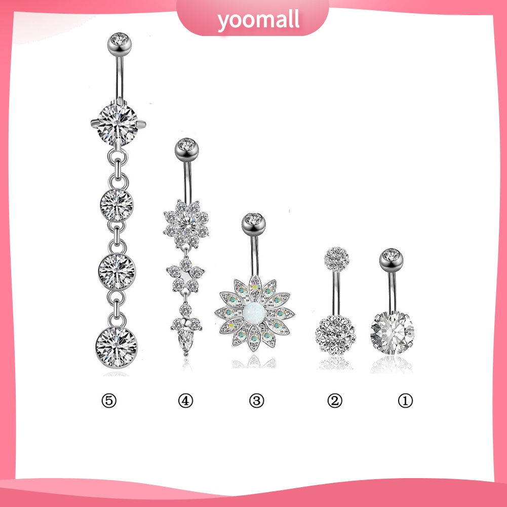 Set 5 Khuyên Rốn Tròn Họa Tiết Hoa Đính Đá Thời Trang