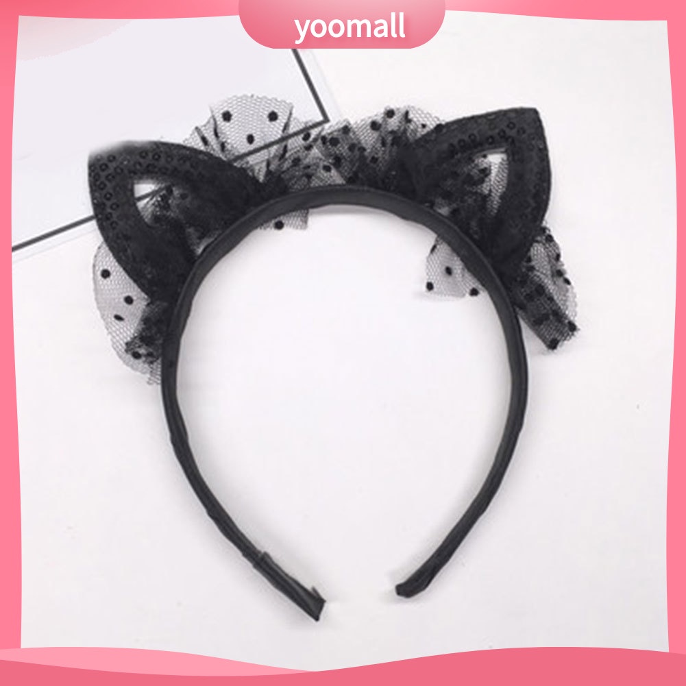 Băng Đô Cài Tóc Hình Tai Mèo Bằng Vải Gạc Đính Kim Sa Dễ Thương Cho Bé Gái