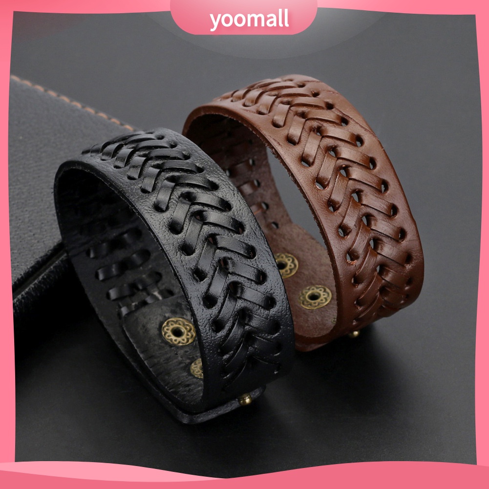 Vòng Tay Giả Da Bản To Đính Nút Phong Cách Vintage Cho Nam