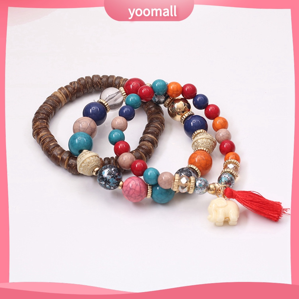 Bộ 3 Vòng Tay Chuỗi Hạt Gỗ Và Tua Rua Thời Trang