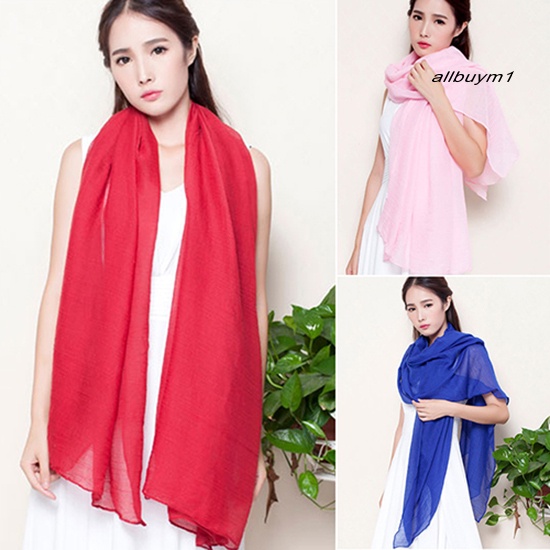 Khăn Choàng Cổ Dài Vải Lanh Cotton Màu Trơn Thời Trang Cho Nữ