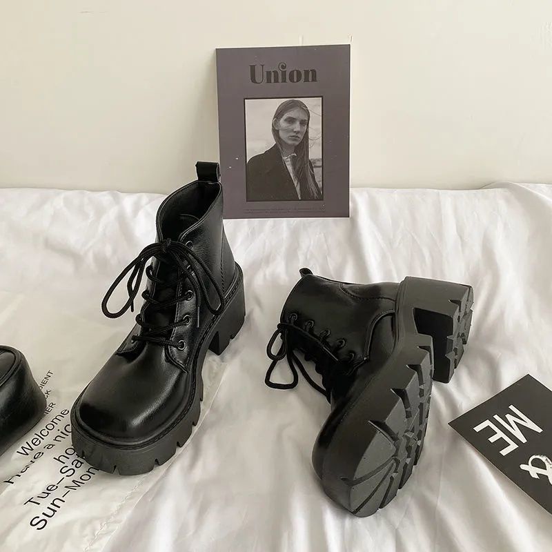 Giày Bốt Martin Da Bóng Gót Dày Tăng Chiều Cao Cá Tính