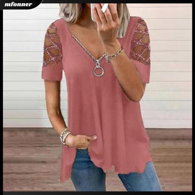 Áo Thun Tay Ngắn Cổ Chữ V Khoét Lỗ Màu Sắc Trơn Thời Trang Mùa Hè Cho Nữ