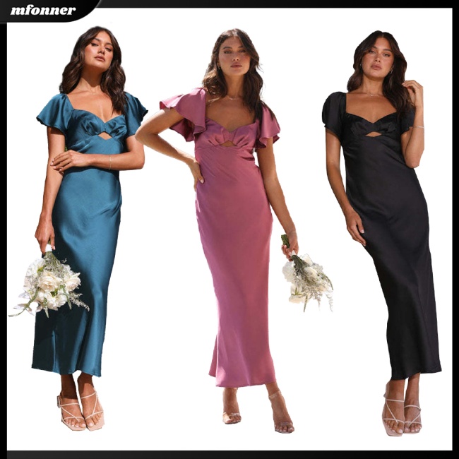 Đầm Midi Tay Ngắn Cổ Trái Tim Màu Sắc Thanh Lịch Dành Cho Nữ