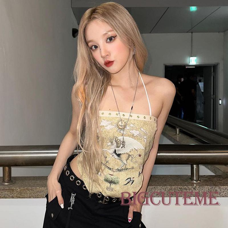 [] - Áo Hai Dây Không Tay Hở Lưng Thắt Nút Không Đối Xứng In Hình Cổ Điển Cho Nữ