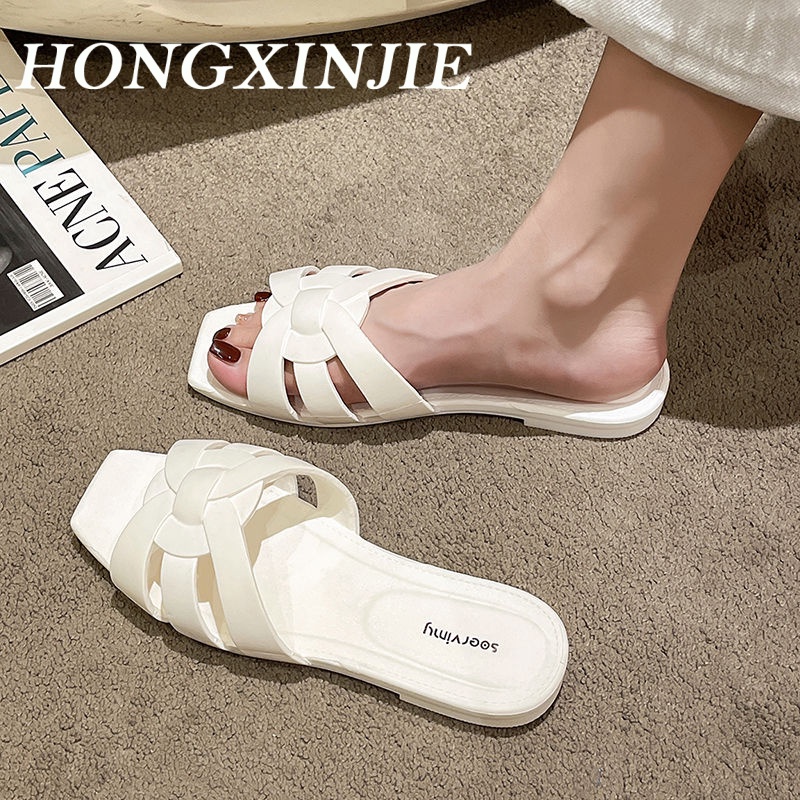 HONGXINJIE dép nữ dép sandal nữ dép quai hậu nữ 2023NEW Lưới đen trắng của khu phố thời trang retro 071423