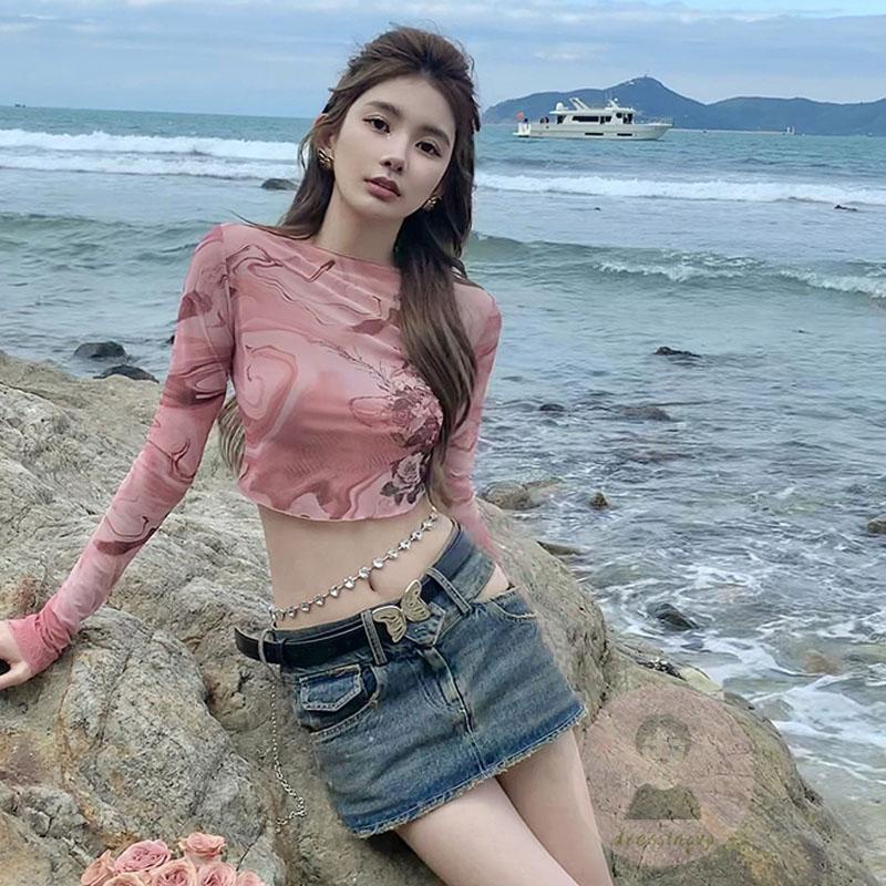 Áo Thun Tay Dài Cổ Tròn In Màu Nhuộm Phối Lưới Thời Trang Cho Nữ