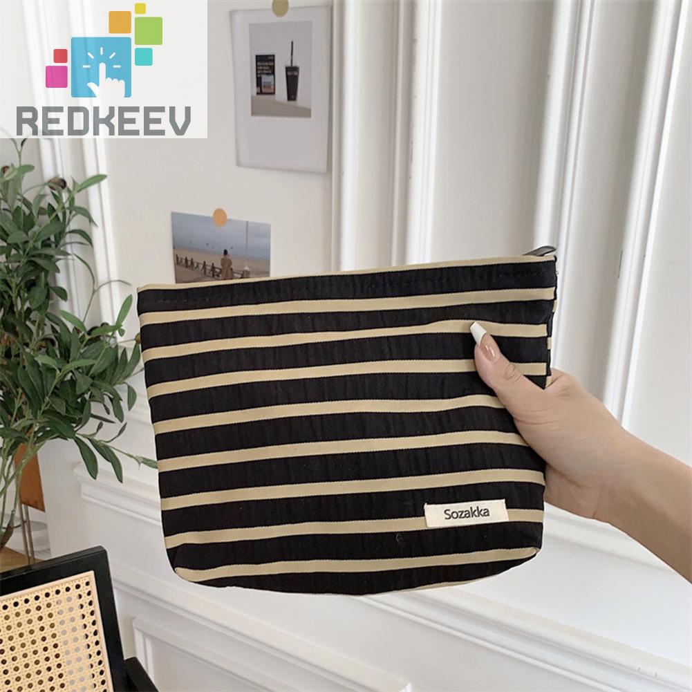 Túi Đựng Mỹ Phẩm Bằng Vải Canvas Họa Tiết Kẻ Sọc Sức Chứa Lớn Tiện Dụng Cho Nữ