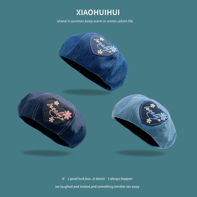 Mũ Beret Denim Mỏng Thêu Hình Trái Tim Phong Cách Hàn Quốc Ngọt Ngào Cho Nữ