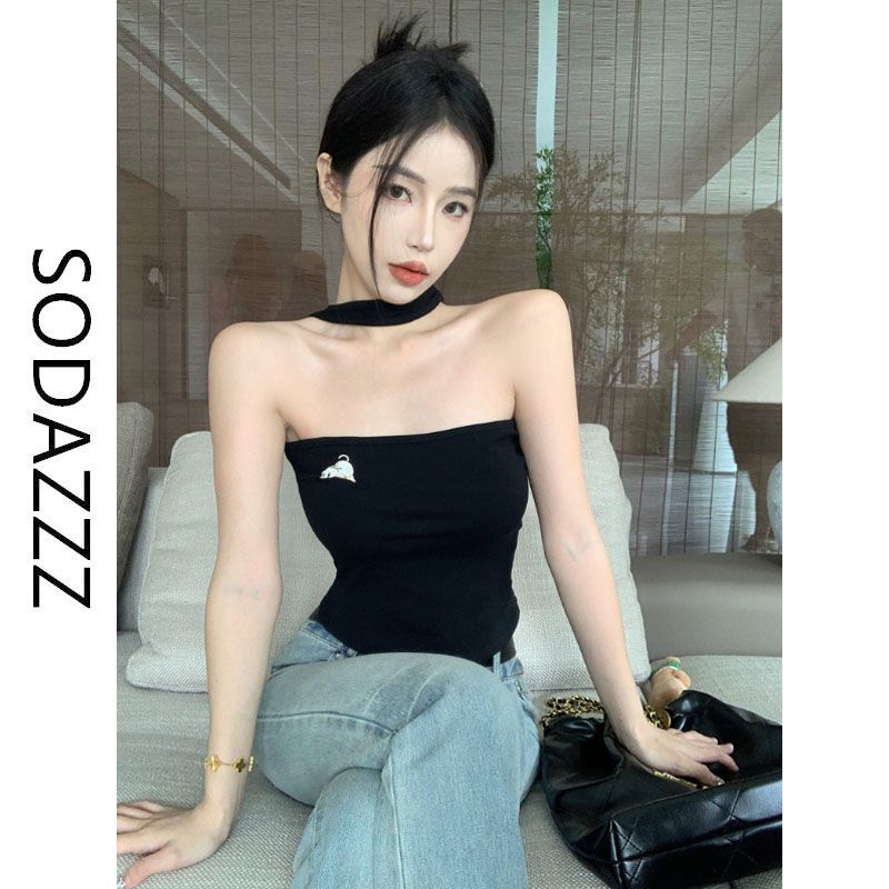 Sodazzz Áo Ống Ngắn Không Tay Thêu Hình Thời Trang Mùa Hè Màu Trơn Dành Cho Bạn Nữ