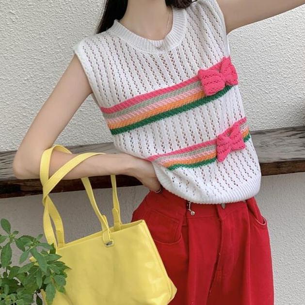 Áo Tank Top Dệt Kim Sát Nách Đính Nơ Độc Đáo Thời Trang Mùa Hè Cho Nữ