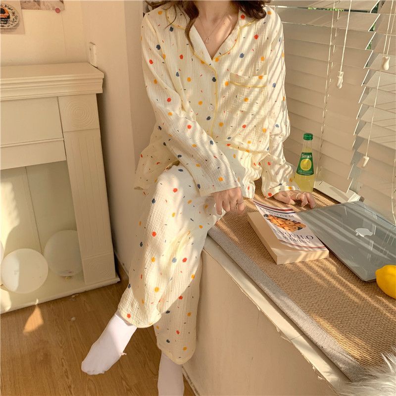 Bộ Đồ Ngủ Dài Tay Họa Tiết Chấm Bi Nhiều Màu Sắc Thời Trang Xuân Thu Cho Nữ