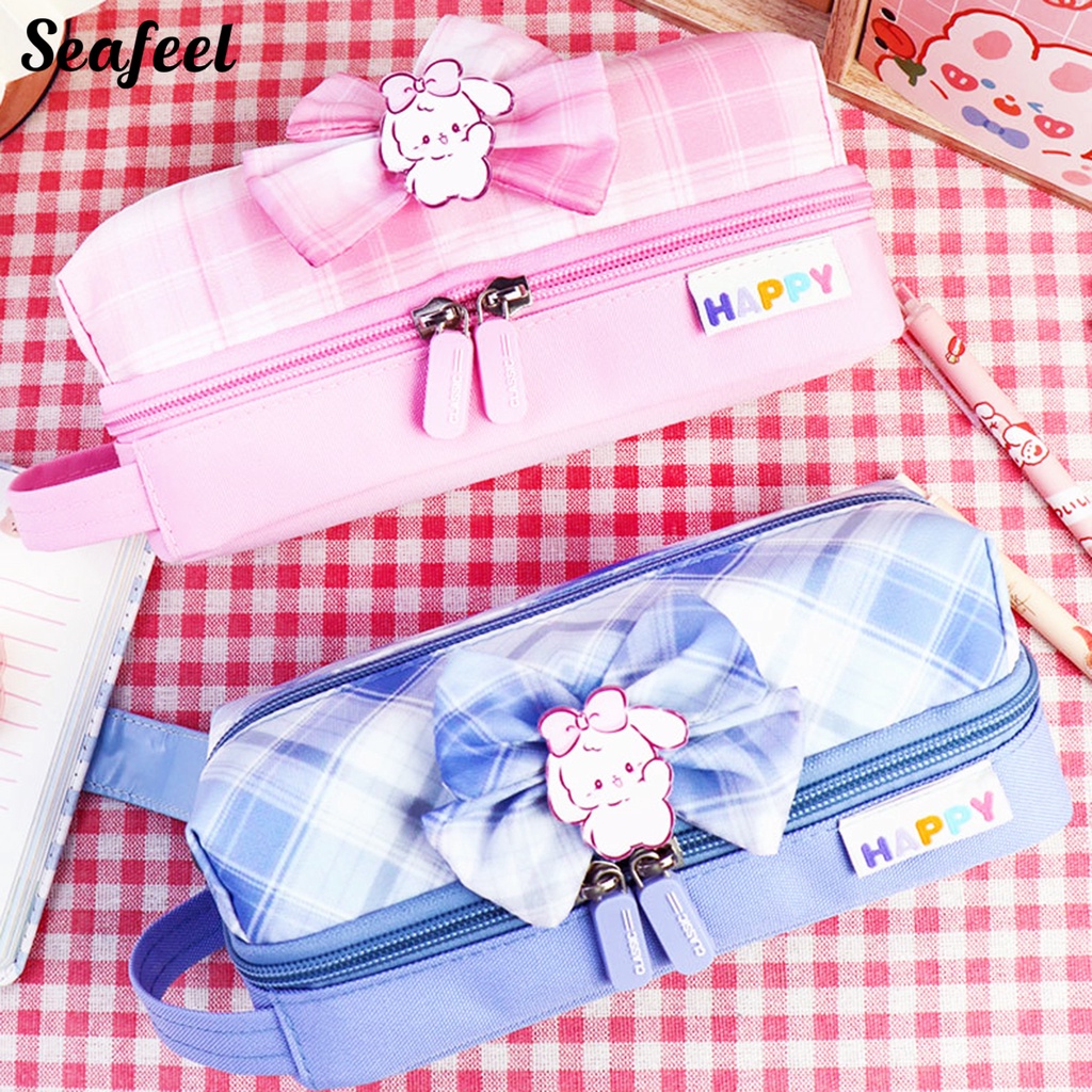 Túi Đựng Bút Hai Ngăn Đính Nơ Sức Chứa Lớn Phong Cách Đại Học