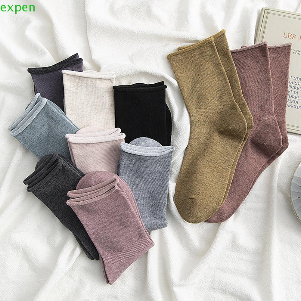 EXPEN Vớ Cotton Co Giãn Thoáng Khí Viền Cuộn Mới Hợp Thời Trang Cho Nữ